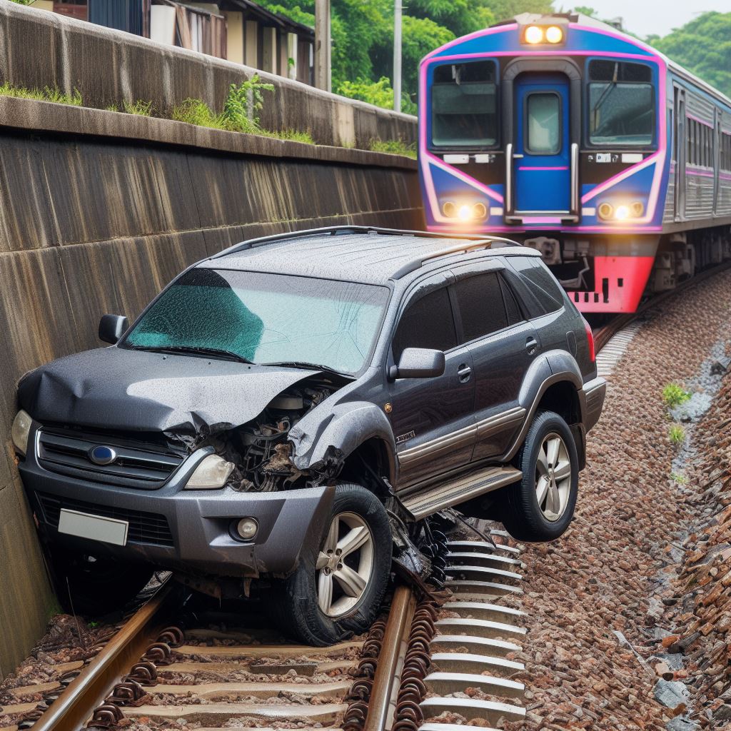 A road vehicle has crashed onto the railway and a train approaches in the background