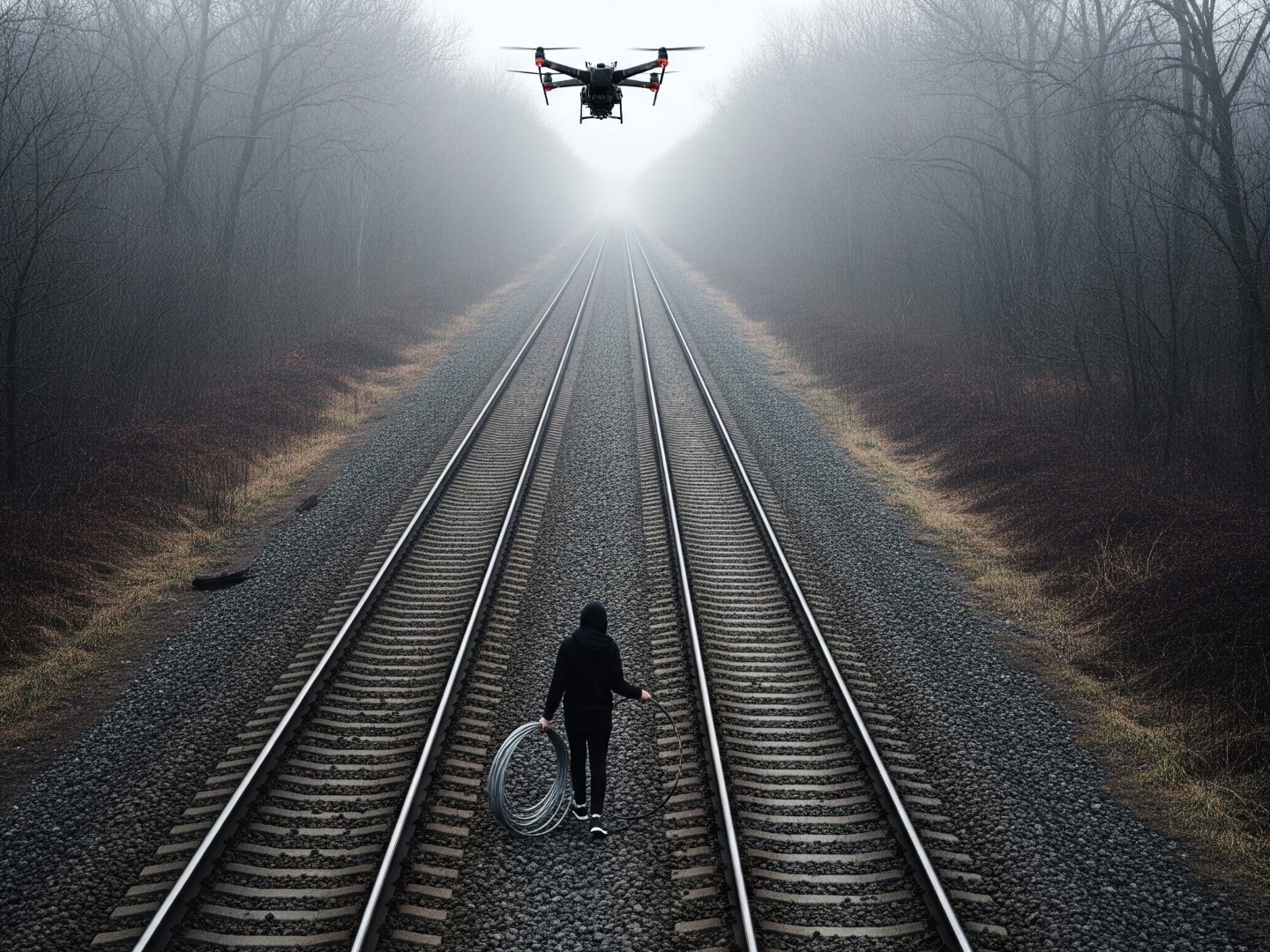 A person walking down a railway track away from the viewer carrying a coil of cable. A drone hovers above watching them.