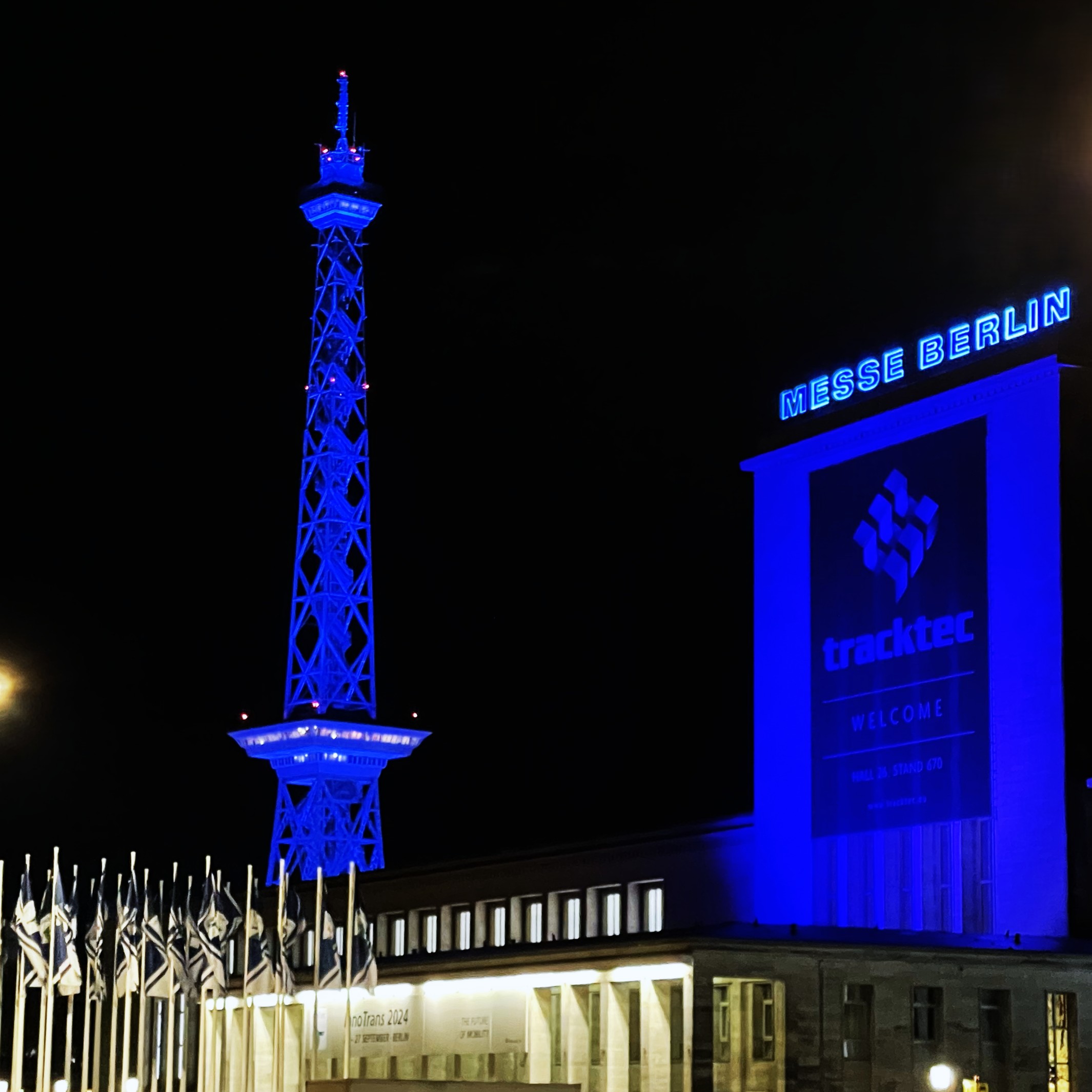 Messe Berlin at night during InnoTrans railway exhibition