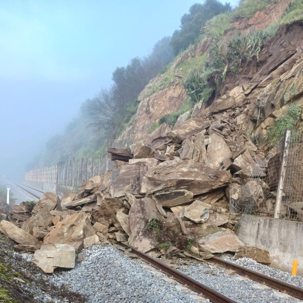 A large rockfall / landslide over a railway track.