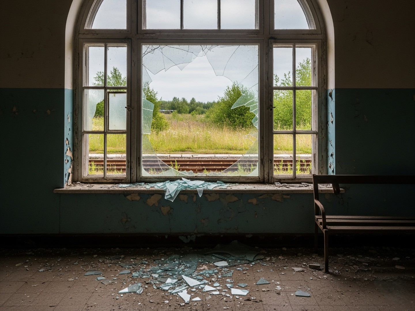 A view through a broken window to a rail track beyond.