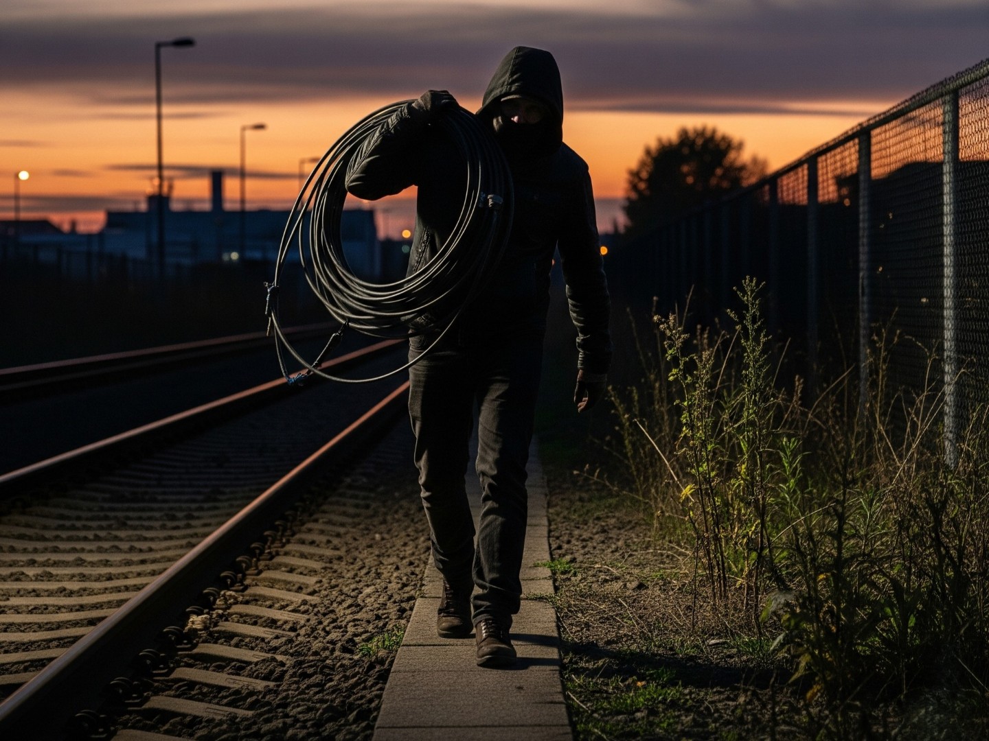 Someone dressed in black and wearing a hood carrying a coil of presumably stolen cable walking beside a railway.