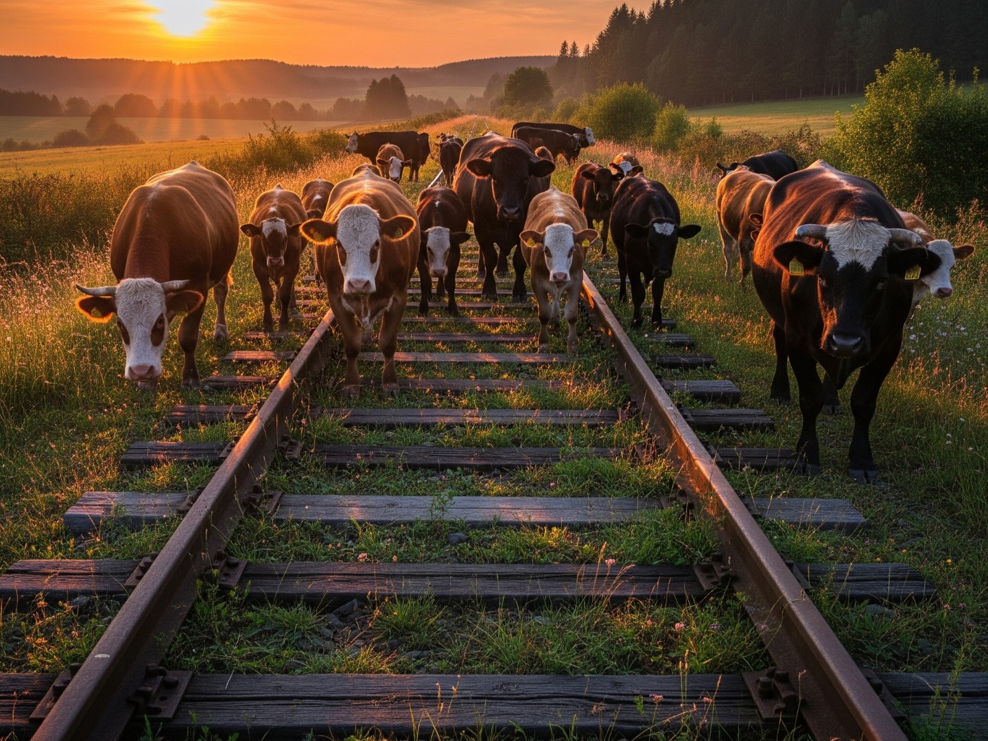 A herd of cattle / cows stood on a railroad track