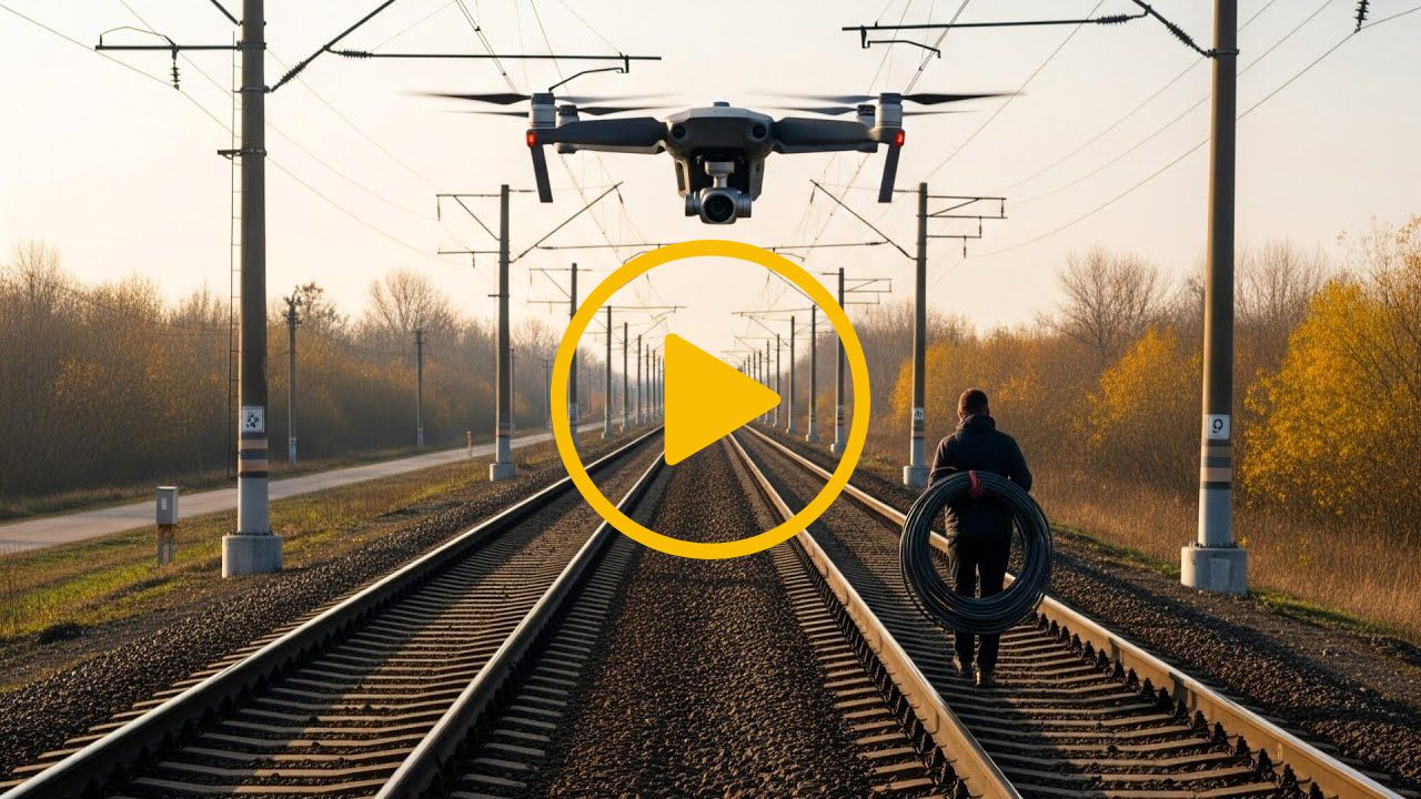 A drone hovering over a railway. A person is stealing copper cable